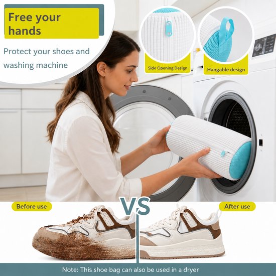 Lot de 2 sacs de lavage pour chaussures BOTC - Sacs de lavage réutilisables pour chaussures – Nettoyage en profondeur à 360° grâce à la microfibre - Sacs de lavage protecteurs pour chaussures, compatibles avec le lave-linge et le sèche-linge - Blanc et bl