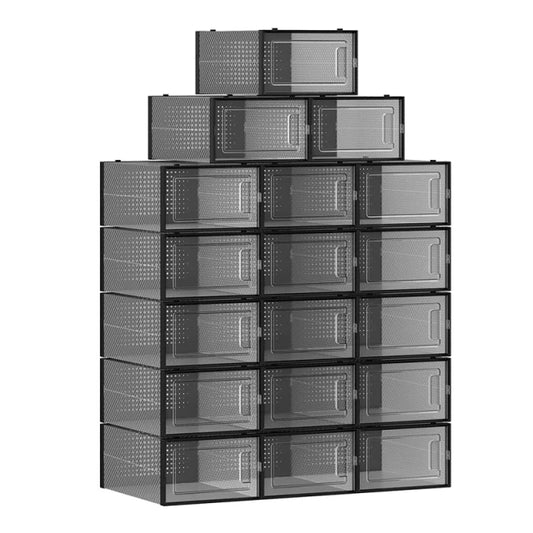 Boîtes à chaussures pliables Songmics, lot de 18 - 33,3 x 23 x 14 cm – Boîtes de rangement en plastique noir avec porte