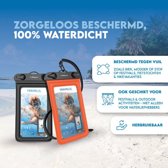 Travelly ® - Etui étanche pour téléphone portable Lot de 2 - Etui universel pour Smartphone - Convient à tous les téléphones - Sacoche sèche - Pour les vacances, la natation et les sports nautiques - Noir/Orange