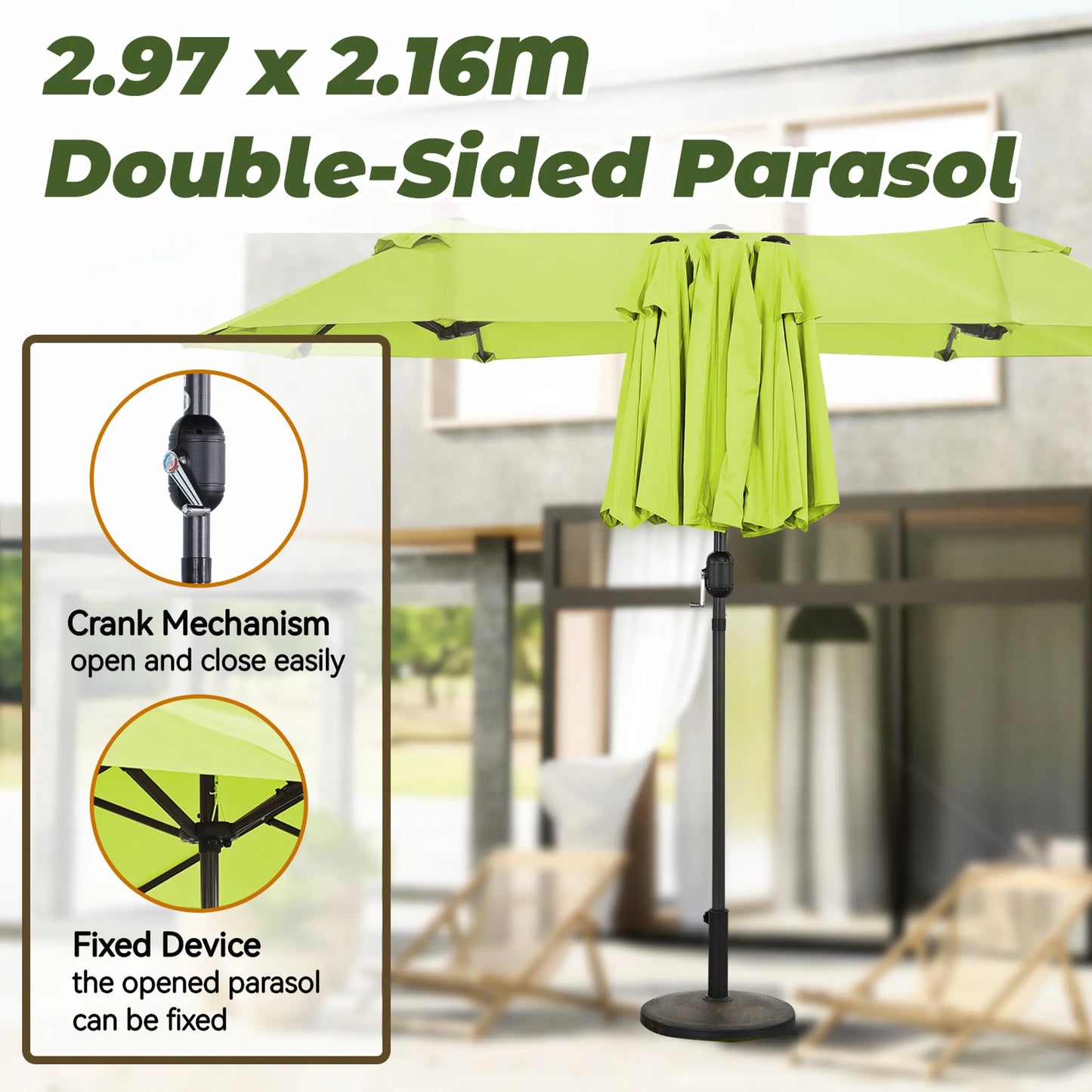 Parasol double Angel Living - 2,97 x 1,53 m - avec manivelle - UPF 50+ - vert pomme