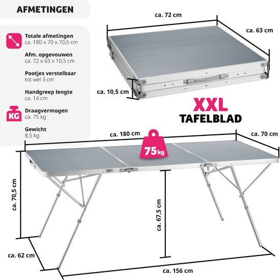 tectake® - Table de camping Table de camping Jumbo pliante - Structure en aluminium - 180 x 70 x 70,5 cm