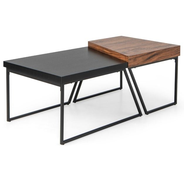 Ensemble de 2 tables basses Table d'appoint moderne empilable noire et marron avec pieds en métal peint par poudrage Table à litière trapézoïdale