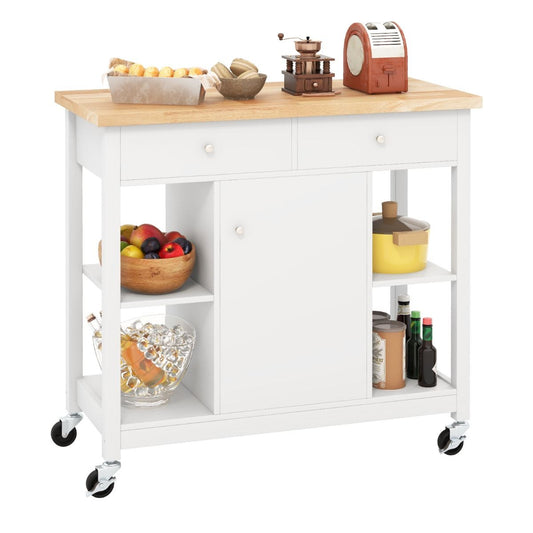 Coast Mobile Kitchen Trolley îlot de cuisine roulant blanc 99 x 46 x 90 cm avec plateau en bois caoutchouté, 4 étagères ouvertes, 2 tiroirs profonds et 1 placard fermé