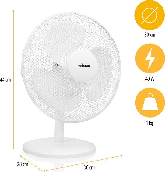 Ventilateur de table Tristar 30 cm – 3 vitesses – Oscillation à 85° – Débit d'air réglable – VE-5724 – Blanc