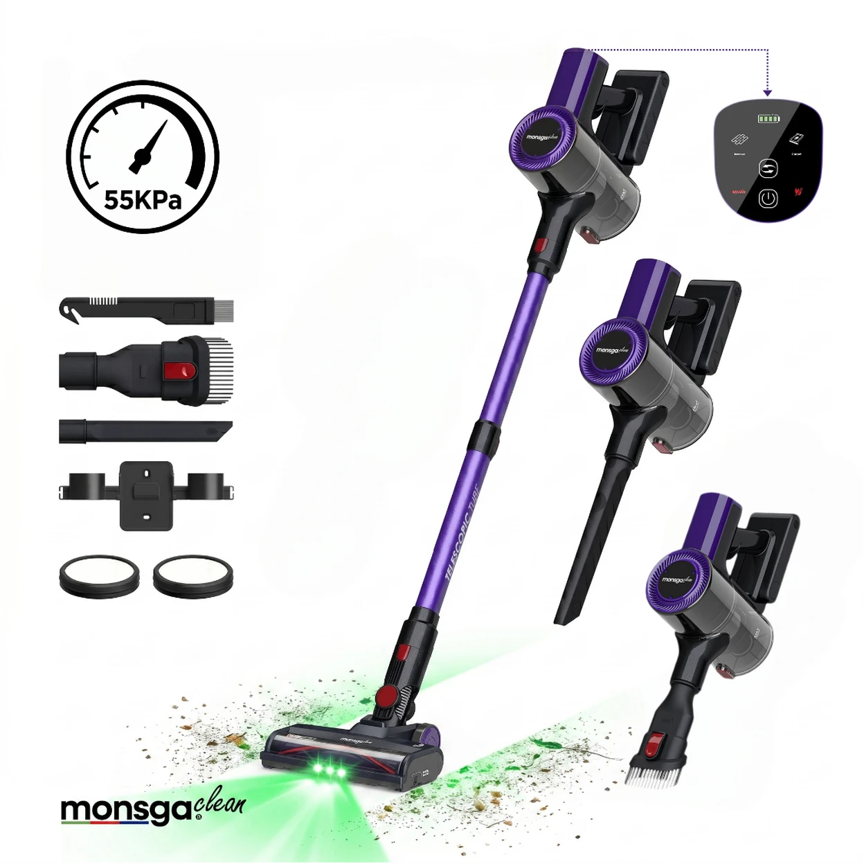 Aspirateur balai sans fil Monsga M100 55 000 Pa - Autonomie de 45 min - Réservoir à poussière de 1,8 L - Écran tactile à LED - Brosse anti-enchevêtrement - Voyant LED vert