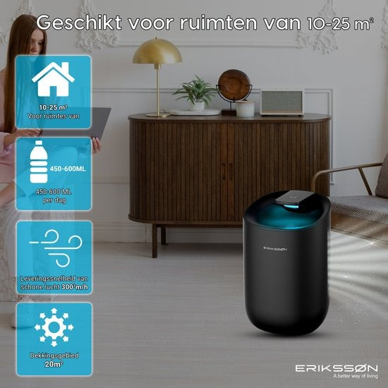 Déshumidificateur Dry Pro d'Erikssøn - Déshumidifie jusqu'à 0,6 litre par jour - Convient pour la chambre à coucher, la salle de bain, le salon et le sous-sol - Déshumidificateur