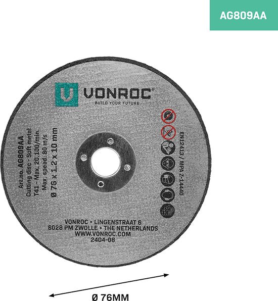 VONROC Jeu de disques à tronçonner - Ø 76 mm - 12 pièces - pour VONROC AG507DC et universellement compatible
