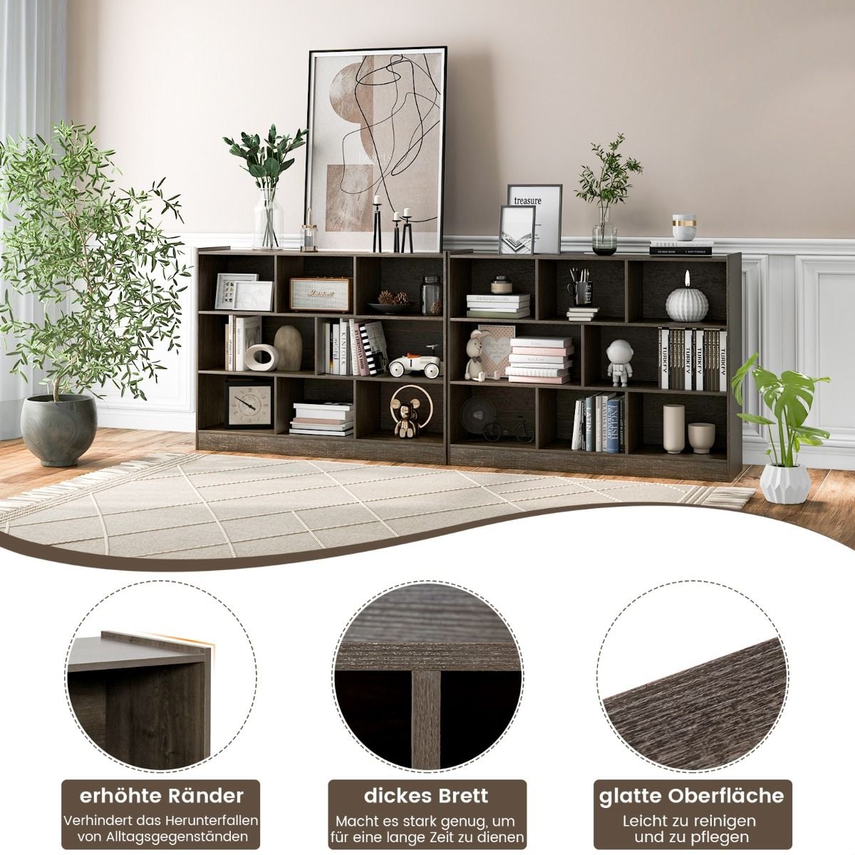 Coast Bookcase Grey - Étagère de rangement ouverte à 3 niveaux avec 8 compartiments - 122 x 32 x 93 cm