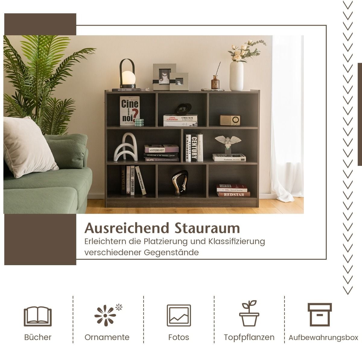Coast Bookcase Grey - Étagère de rangement ouverte à 3 niveaux avec 8 compartiments - 122 x 32 x 93 cm