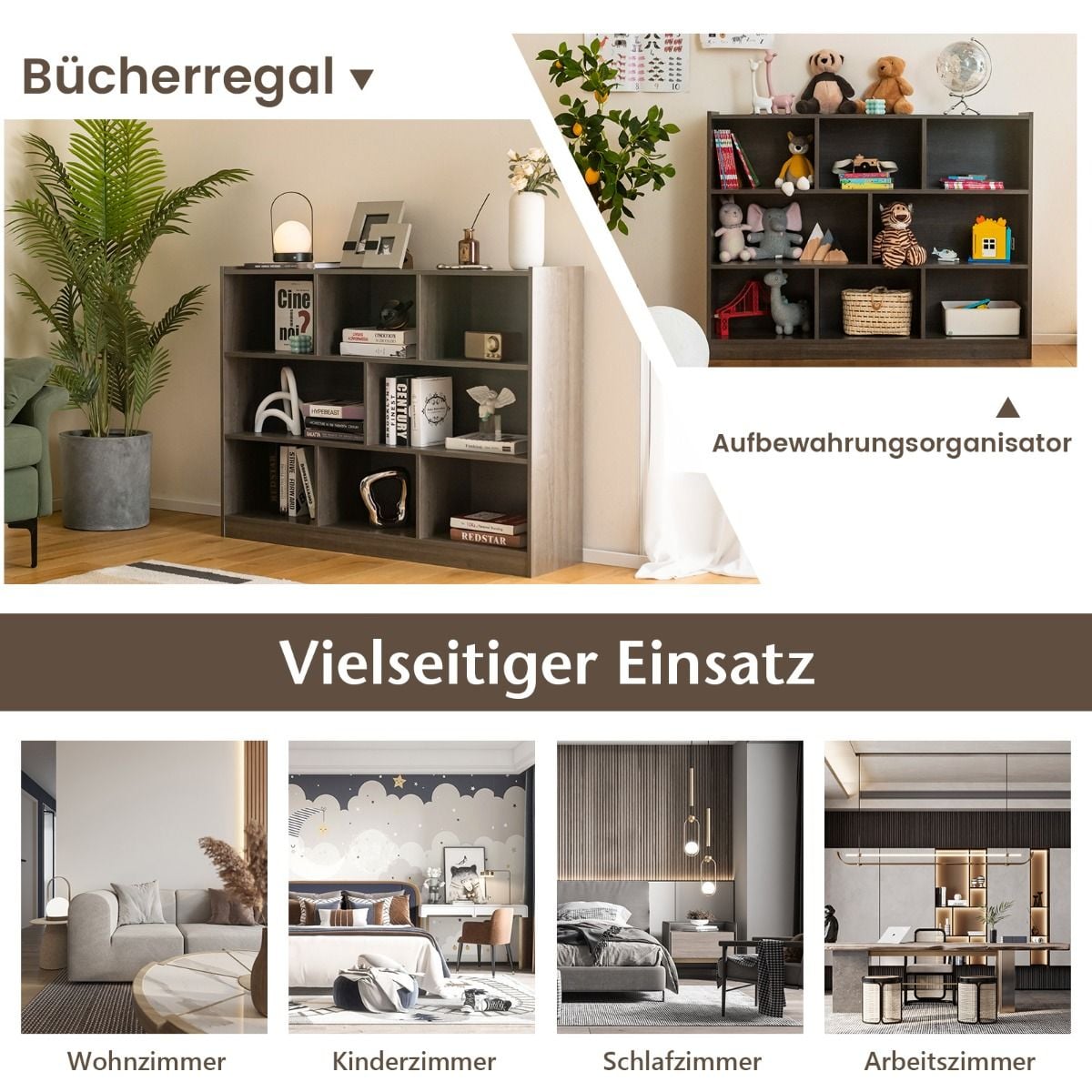 Coast Bookcase Grey - Étagère de rangement ouverte à 3 niveaux avec 8 compartiments - 122 x 32 x 93 cm