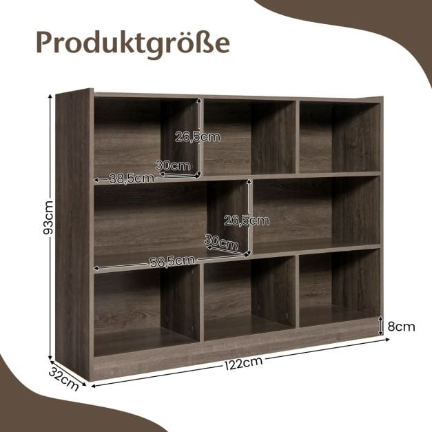 Coast Bookcase Grey - Étagère de rangement ouverte à 3 niveaux avec 8 compartiments - 122 x 32 x 93 cm