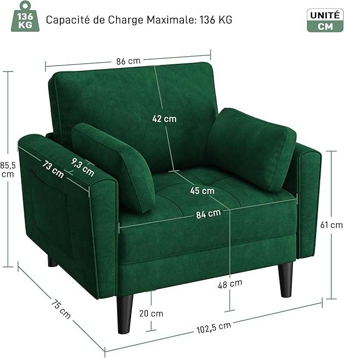 Yaheetech Fauteuil de salon moderne avec accoudoirs et poches Fauteuil de relaxation avec coussins Cadre en bois Fauteuil de chambre en tissu pour salon Vert