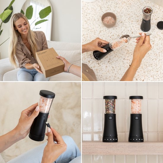 Deleca Moulin à poivre et à sel électrique Gustaro - Capacité de stockage de 130 ml - Moulin à poivre et à sel de luxe - Mouture réglable - Rechargeable par USB / Noir