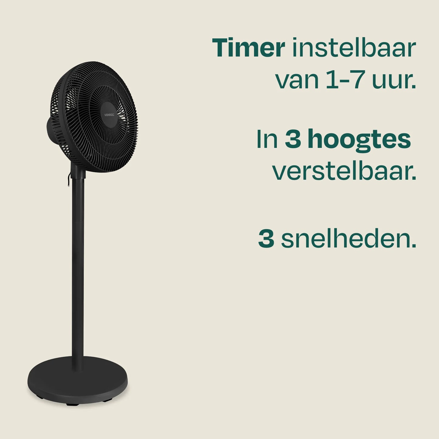 Ventilateur de sol VONROC avec télécommande – Réglable sur 3 hauteurs, avec 7 pales et minuterie – Pour chambre et salon – Plastique noir – 110 cm