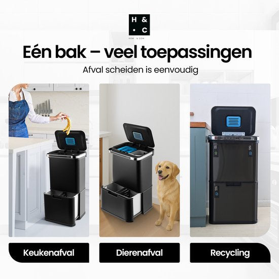 Poubelle Hom&Com à 3 compartiments, 60 L, noire – Poubelle automatique à capteur – Couvercle à fermeture douce, fonction ozone et filtre anti-odeurs pour le tri sélectif des déchets