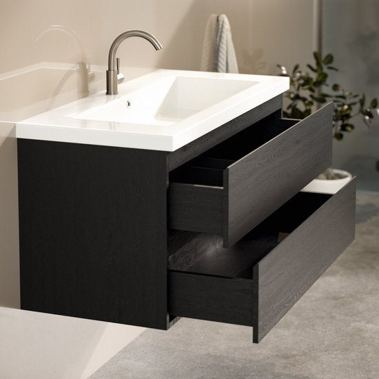 Meuble de salle de bains Mirlux en chêne noir 80 cm - Lavabo blanc - Ensemble de meubles de salle de bains - Meuble-lavabo en chêne noir
