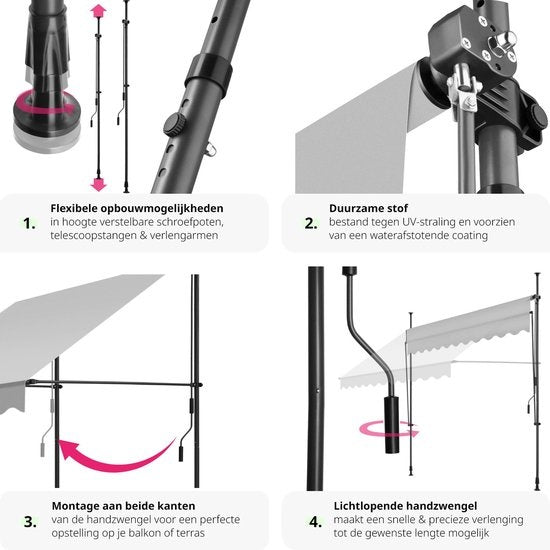 tectake - store à pinces - parasol - store - réglable - store à pinces - parasol balcon - 250 x 180 cm - gris clair - store - 404961