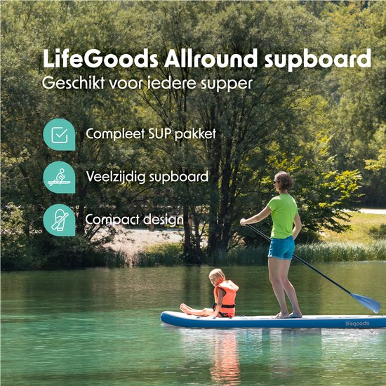 LifeGoods PaddlePro SUP Board - Planche à pagaie gonflable - Ensemble complet - Max. 135KG - 320x81cm - Blanc/Bleu ciel