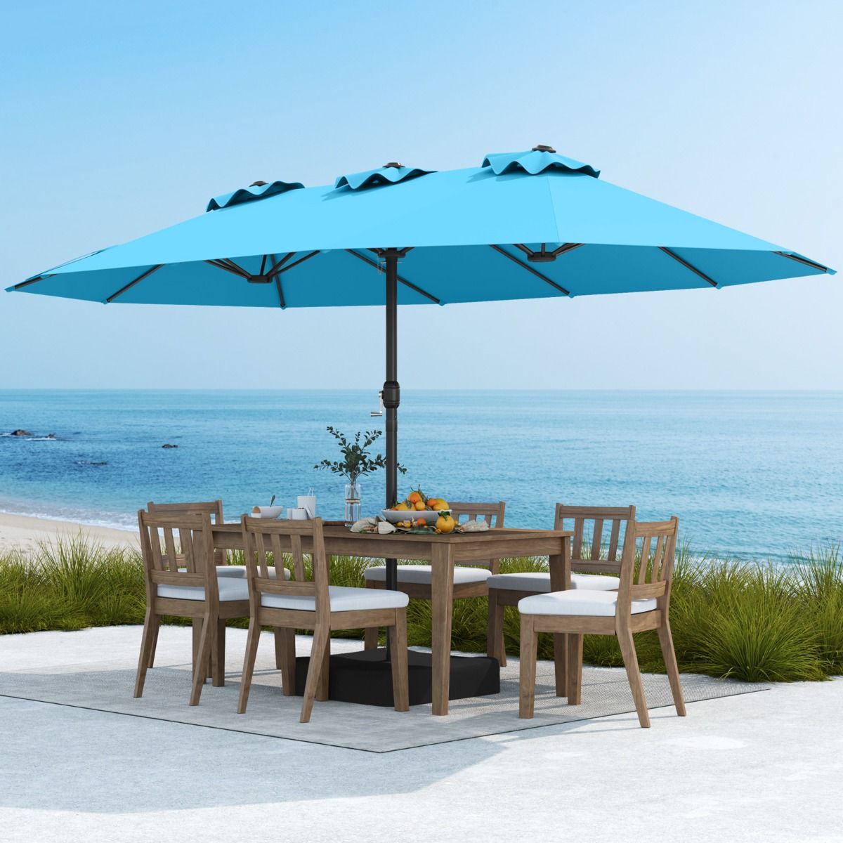 Parasol double Coast 470 x 285 x 261 cm - Turquoise - Socle lesté avec manivelle - 12 baleines robustes - Parasol rectangulaire de jardin et de terrasse
