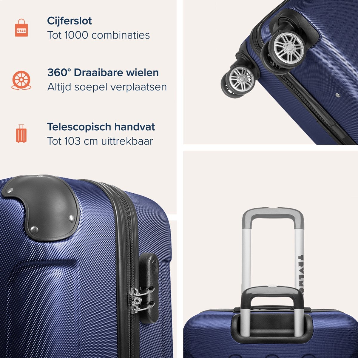 TRVLMORE Bagage à main Valise à roulettes - Serrure numérique - 54x36x20cm - 38L - Bleu foncé
