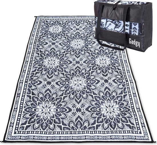 Tapis d'extérieur Gadgy XXL - Tapis d'extérieur 300x200 cm - Tapis de jardin double face - Tapis de pique-nique noir et blanc - Tapis d'extérieur