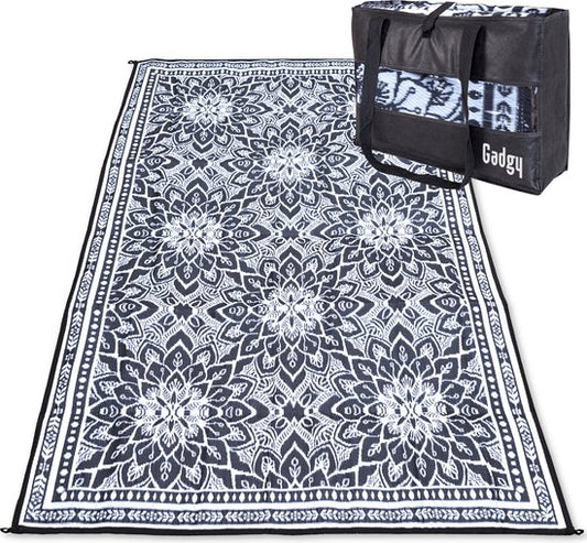 Tapis d'extérieur Gadgy XXL - Tapis d'extérieur 300x200 cm - Tapis de jardin double face - Tapis de pique-nique noir et blanc - Tapis d'extérieur