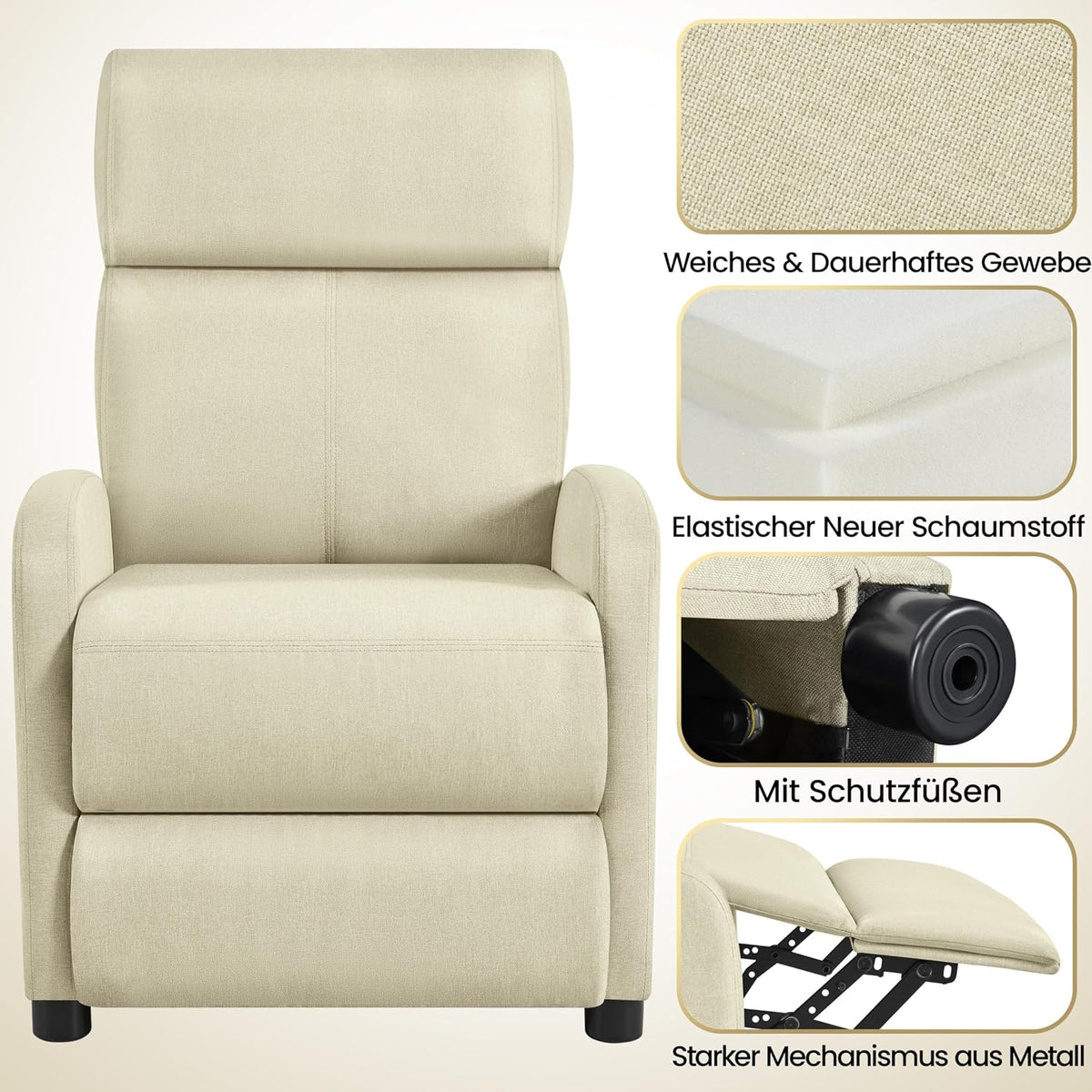 Fauteuil de détente Yaheetech pour regarder la télévision - 87 x 61,5 x 99 cm - Repose-pieds réglable - Beige