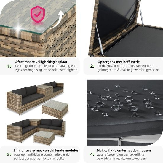 Tectake - Salon en osier Siena (4 personnes) - Modulaire, coffre de rangement, coussins extra épais, résistant aux UV et aux intempéries, structure en acier - Nature/Gris foncé