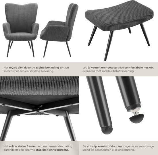 tectake® Ear Armchair with Hocker - Fauteuil scandinave Teddy Bouclé - Chaise de salon et de séjour - Pieds en métal noir - Capacité 150kg - Velours côtelé - Gris
