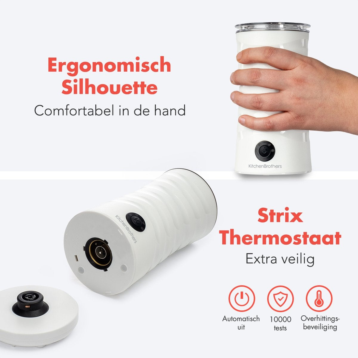 Mousseur à Lait Électrique 4 en 1 KitchenBrothers, 400W avec Chauffe Lait Automatique et 2 Fouets, Capacité de 240 ml, Blanc