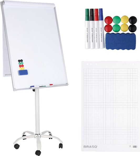 BRASQ Flipover Mobile - 70x100 cm - Tableau blanc ajustable - Comprend 25 feuilles de papier, 4 marqueurs, 8 aimants, une gomme - Flipover avec trombone et crochets - Tableau magnétique - Tableau magnétique - Blanc