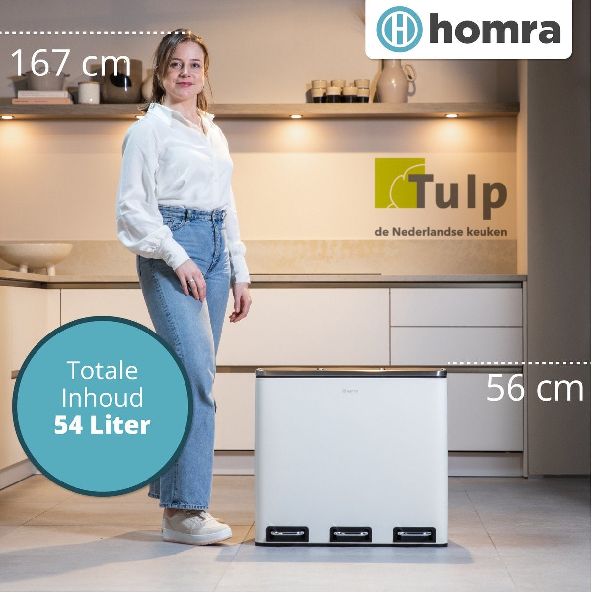 Poubelle de tri sélectif - Homra SPARQ - 3 x 18 L de capacité - 54 L - Blanc - acier inoxydable