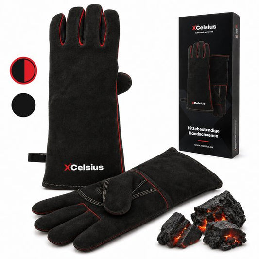 Gants de barbecue XCelsius® en cuir refendu – Certifiés TÜV EN407 – Gants de barbecue et de four résistants à la chaleur – Pour kamado, fonte, grilles et déflecteurs de chaleur – Cadeaux pour hommes – 1 paire – Noir et rouge