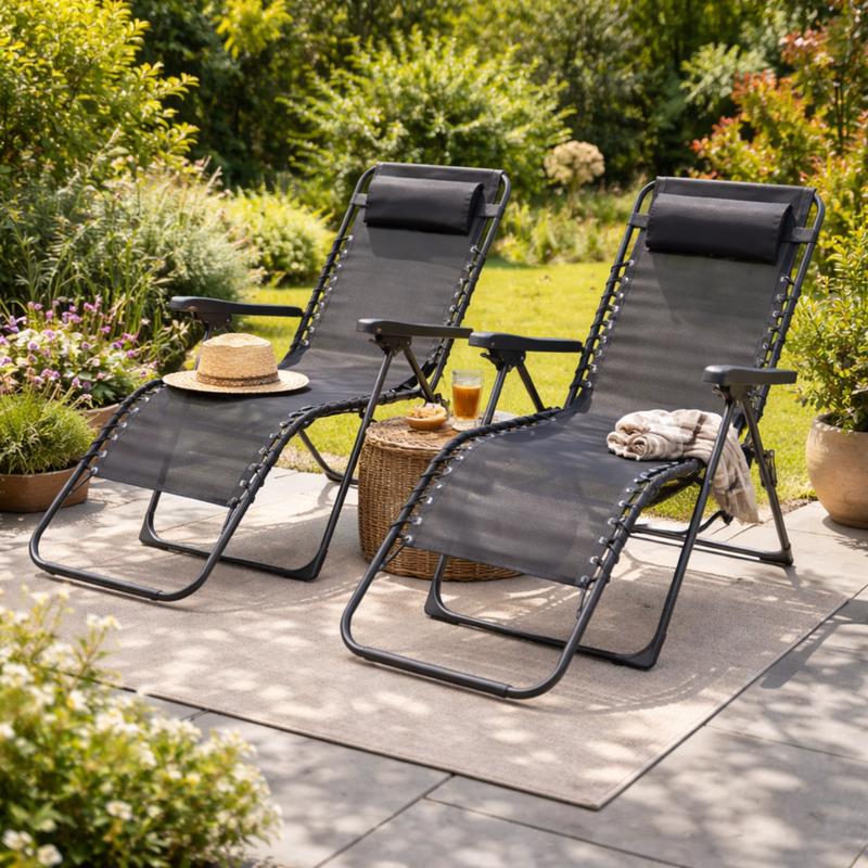 Ensemble de 2 chaises de jardin de luxe - Pliables avec coussins - Acier - Noir