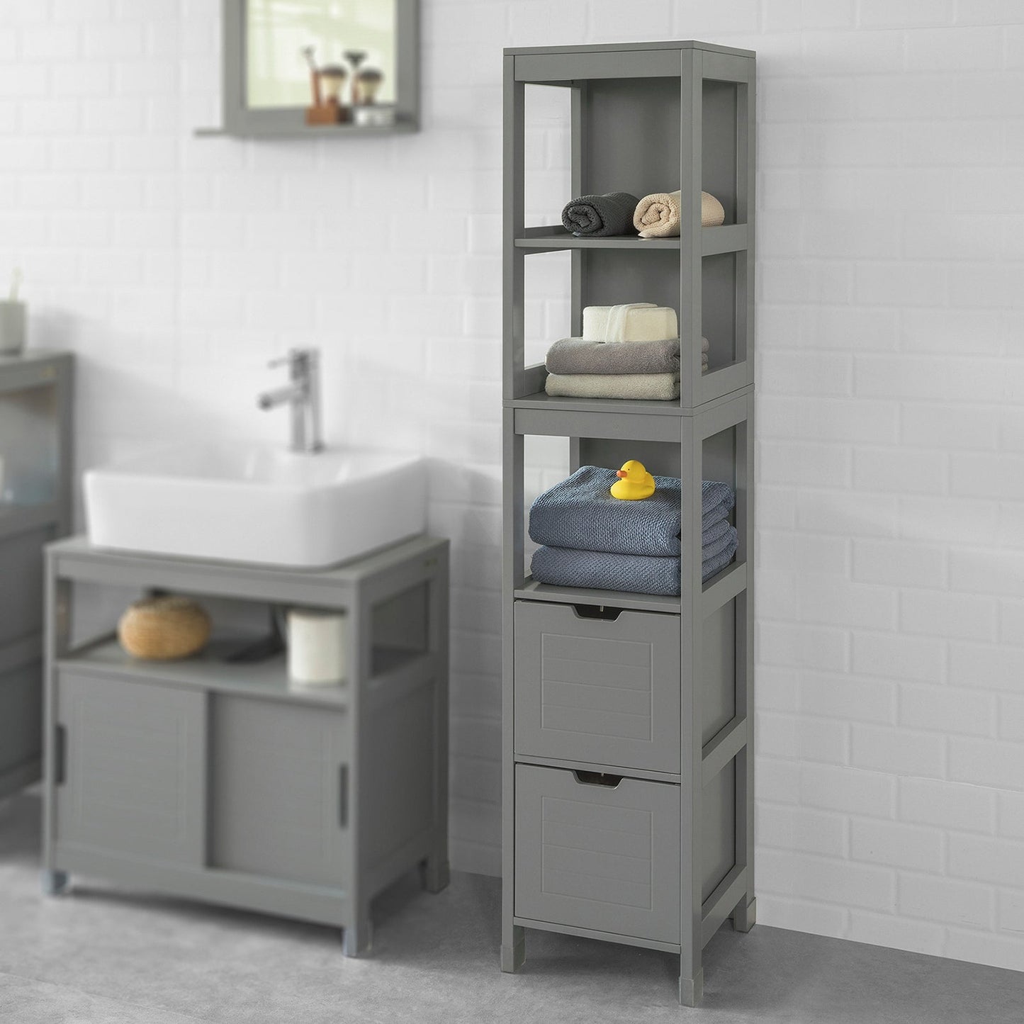SoBuy Meuble de salle de bain haut avec repose-pieds - 2 tiroirs - Gris - 30x30x145cm