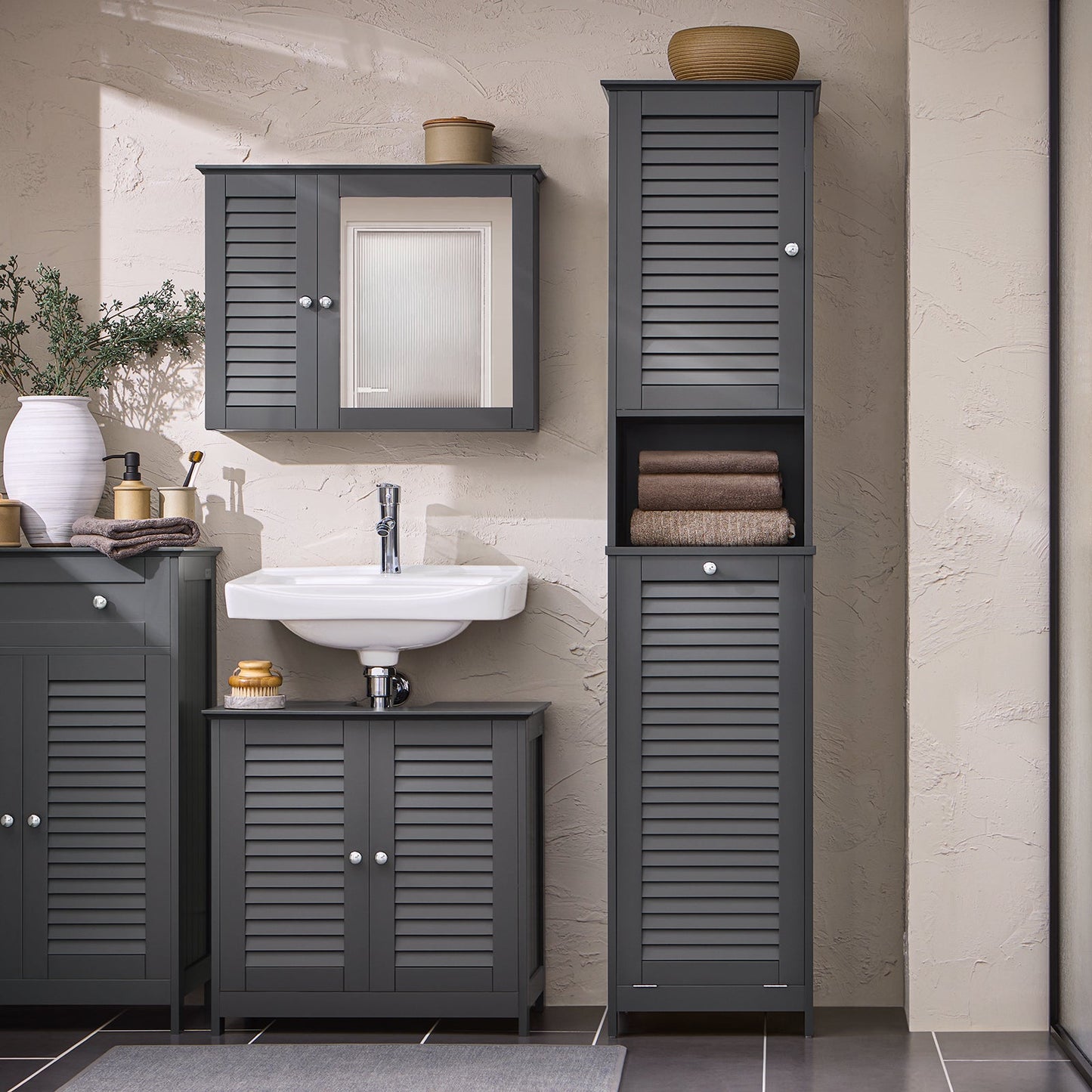 SoBuy Meuble colonne - BZR124-DG - Salle de bain - Panier à linge amovible - Anthracite