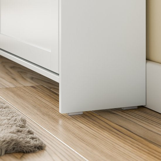 Armoire à chaussures SoBuy pour entrée, armoire à chaussures avec 2 tiroirs et 4 portes rabattables, rangement pratique pour 12 paires de chaussures, blanche, MDF E1, idéale pour les petits espaces - FSR208-W