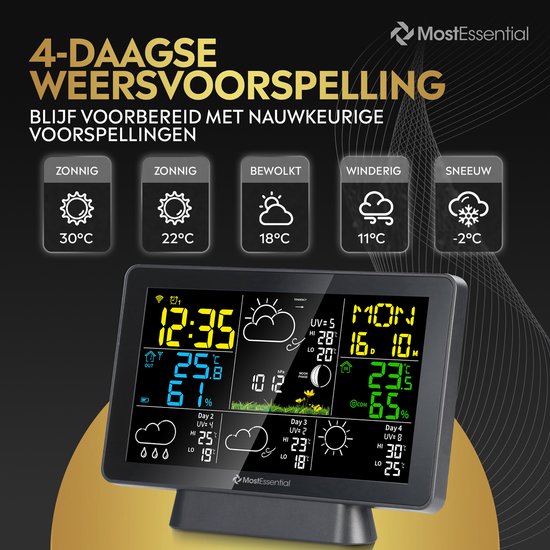 MostEssential Station Météo Wifi Edition - Station météo sans fil avec capteur extérieur - Hygromètre - Intérieur et extérieur - Portée de 150 mètres - Application incluse - Noir - 2 capteurs