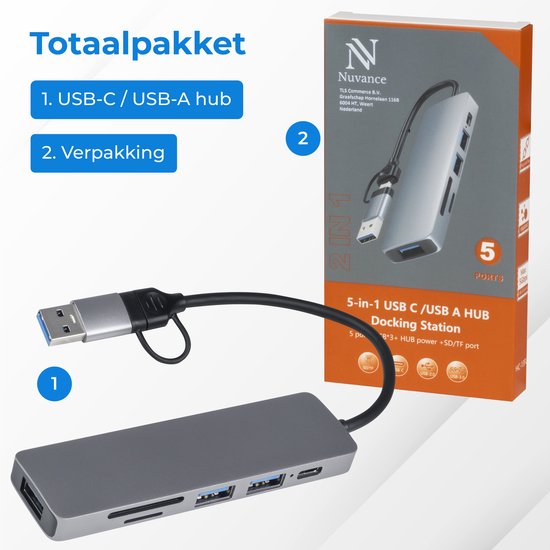 Nuvance - Hub USB C 3.0 - 5 Ports - Répartiteur USB - Station d'accueil USB C - Lecteur de carte micro SD USB C - Gris