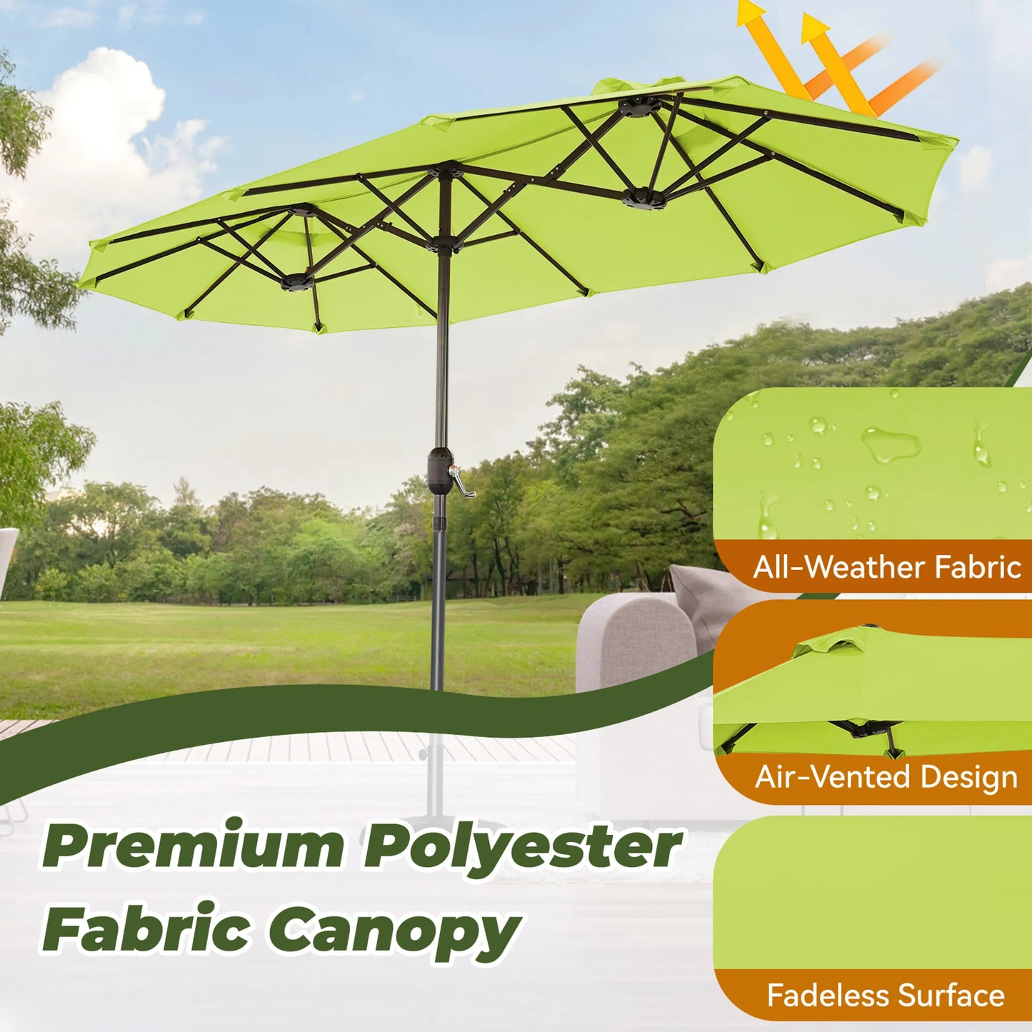 Parasol double Angel Living - 2,97 x 1,53 m - avec manivelle - UPF 50+ - vert pomme