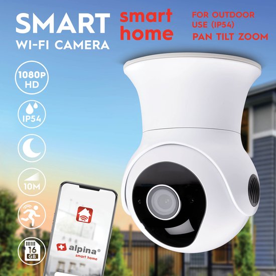 alpina Smart Home Wifi Camera - Full HD 1080p - Caméra de surveillance extérieure - Capteur de son et de mouvement - Vision nocturne - avec application - IP54 étanche à la poussière et à l'eau