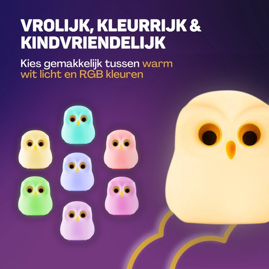 Vulpes Goods® Veilleuse pour enfants - 8 couleurs de LED et blanc - Veilleuse pour chambre de bébé - Hibou - Rechargeable par USB - Variateur - Minuterie - Sans fil - Adapté aux enfants