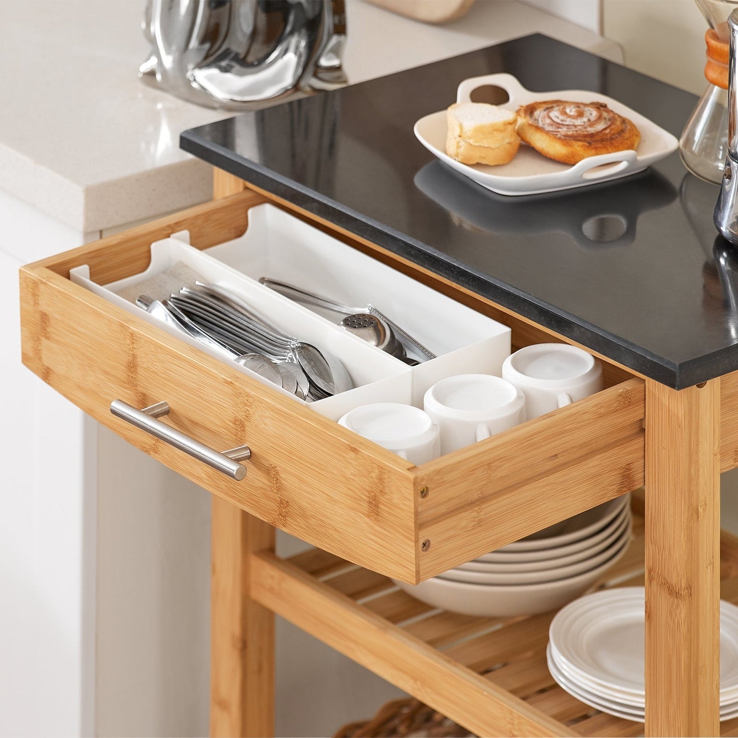 SoBuy Chariot de cuisine avec 1 tiroir et 2 étagères de rangement - Max. 50KG - 58 x 85 x 40 cm - Couleur bois
