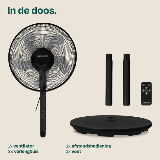 Ventilateur de sol VONROC - Ø 45,5 cm - 3 vitesses – minuterie - réglable sur 3 hauteurs - télécommande incluse - noir