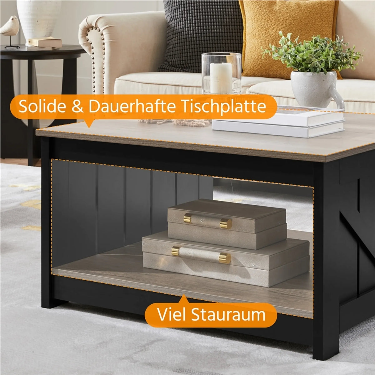 Yaheetech Table basse carrée - 80 x 80 x 45 cm - avec compartiment de rangement spacieux, design de porte de grange et placage en grain de bois - pour le salon et la salle de séjour - MDF gris E1