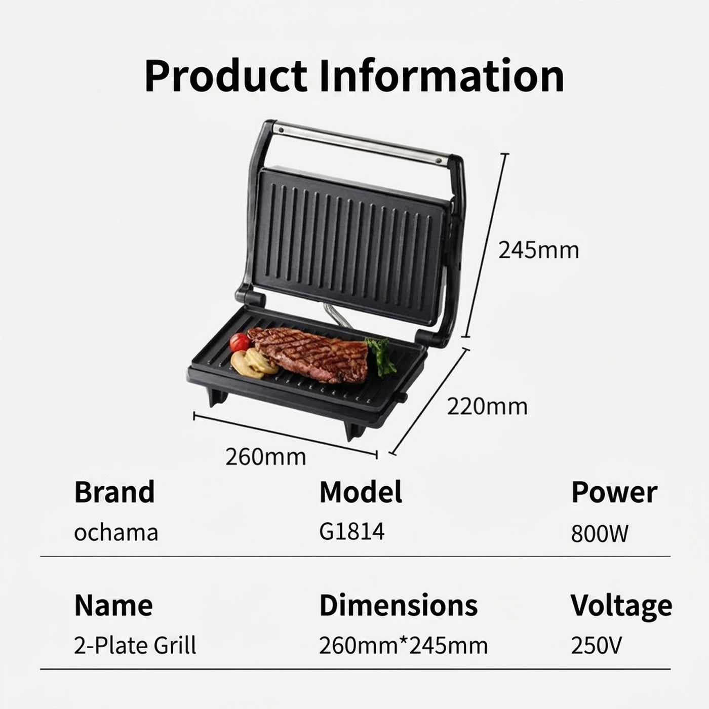 Grill de contact Ochama 800 W - Grill à sandwichs et à paninis - Revêtement antiadhésif - Chauffage double face - Plaques de cuisson 22,5 x 14 cm