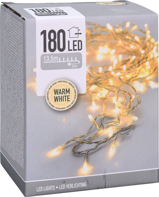 Lumières LED - 180 LED - 13,5 mètres - Blanc chaud - Cordon transparent