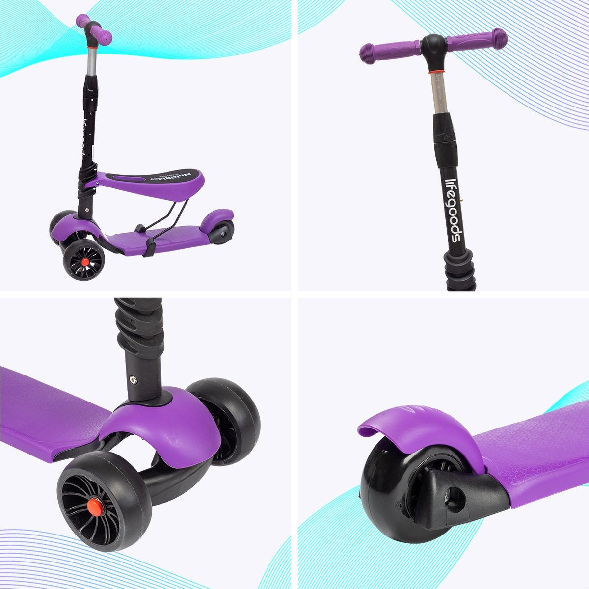 LifeGoods MultiRider Scooter pour enfants - Étape 3-8 ans - Siège réglable - Roues lumineuses - Garçons/Filles - Violet