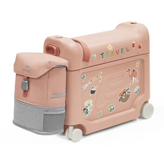 Kit de voyage Stokke JetKids, rose corail - Avec valise BedBox Ride-On et sac à dos - Pour les enfants de 2 à 7 ans (jusqu'à 35 kg)