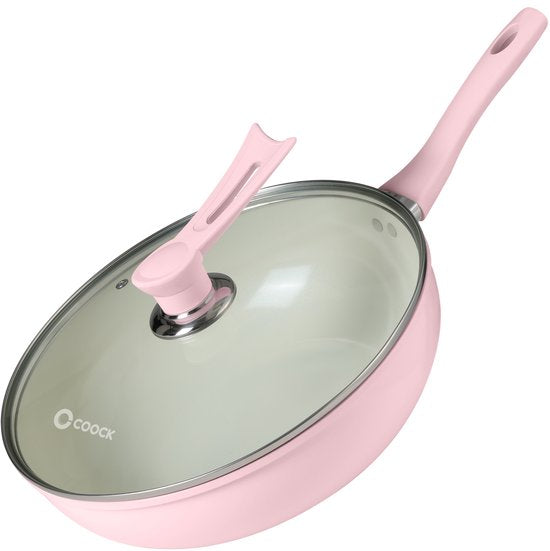 COOCK Poêle Wok Induction 32cm - Revêtement spécial antiadhésif - Poêle à frire avec couvercle - Aluminium recyclé - Rose clair/blanc - Livre électronique inclus
